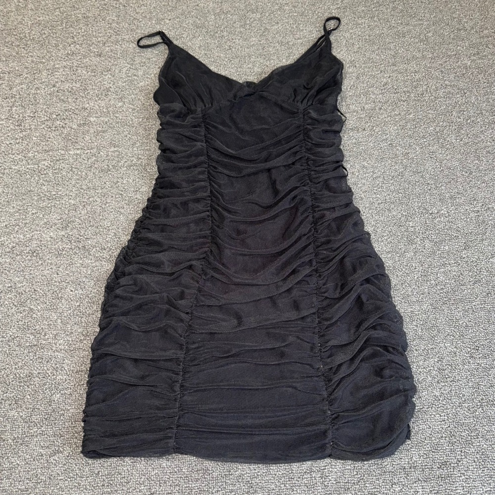 Urban Outfitters Black Mesh Ruched Mini Dress Bodycon Spaghetti Strap Small
